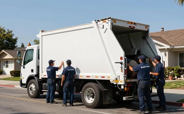 A professional hauling team in uniforms loading a large, clean white junk removal truck parked on a residential street in Santa Clara, California. Bright, clear daylight and a suburban backdrop.