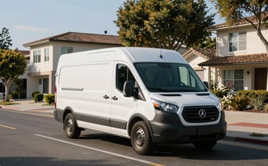 A well-maintained professional hauling van navigating a clean street in Palo Alto, California, with modern residential architecture and green trees under a bright afternoon sky.