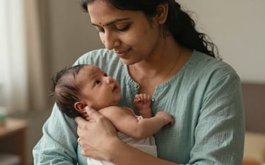 A candid, heartwarming photograph of a South Asian mother gently cradling her newborn baby in a room filled with soft morning light. The mother wears a simple elegant cotton dress in a soft blue-green tone. The mood is intimate, nurturing, and quiet.
