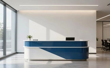A bright, professional North American office interior with clean lines and natural light. A minimalist reception area with a sleek desk, reflecting a sense of modern efficiency and trustworthy business service. The color palette features soft off-white and deep blue tones.