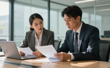 Two North American business professionals in smart-casual attire having a collaborative meeting in a contemporary glass-walled conference room. They are discussing paperwork with confidence and clarity, illuminated by bright daylight.