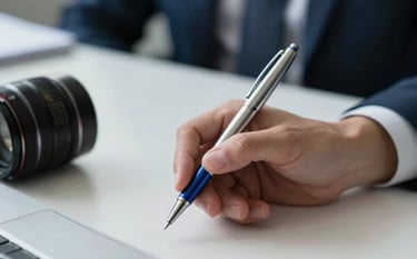A close-up photograph of high-quality silver and blue stationery on a clean corporate desk in a US office. A hand in professional attire is holding a classic pen, symbolizing authority and legal precision in business formation.