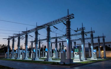 Cinematic photography of a modern urban electrical station integrated with smart city technology. Evening lighting with blue and dark blue highlights, demonstrating professional innovation. Spanish / Global architecture, crisp and futuristic style.