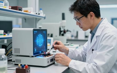 An advanced laboratory focusing on invention projects with a professional electrical engineer working on a prototype of a smart energy device. Clean, modern laboratory setting, light blue and off-white color palette, Spanish / Global context, bright and crisp lighting.