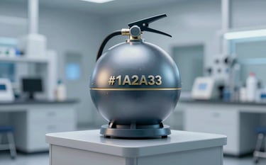 A high-tech foam fire extinguishing ball positioned on a sleek pedestal in a professional industrial laboratory. The lighting is crisp and modern, highlighting the metallic textures and the brand's authoritative presence. The color palette features shades of #1A2A3A and #476C8C with subtle gold #A07A48 accents.