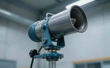A heavy-duty industrial foam monitor (foam cannon) mounted in a high-security facility. The image captures the robust engineering and reliability of the equipment, shot from a low angle to convey authority. Incorporates the professional tones of #1A2A3A and #476C8C.