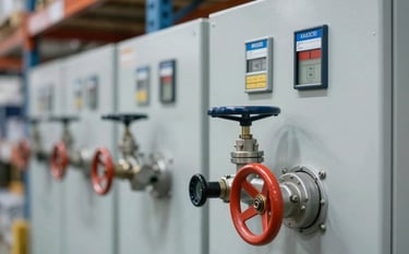 A close-up of a fire suppression system's control panel and foam valves in a modern warehouse. The image emphasizes technical precision and innovation, utilizing the professional brand colors #1A2A3A and #476C8C to instill confidence.