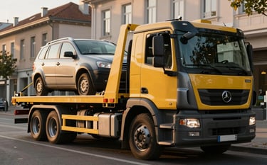 A modern tow truck operating in a European urban street setting, collecting a vehicle for transport to the scrapyard. The lighting is golden hour, and the atmosphere is clean and professional, representing an efficient and environmentally responsible service. Dark grey and golden yellow tones are visible in the truck's branding.