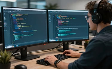 Photography of a professional workspace in a North American tech hub. A developer is focused on large dual-monitor displays showing clean lines of code. The atmosphere is reliable and high-performance. Colors include Dark Teal and Light Blue.