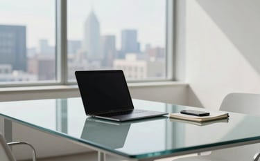 Photography of a minimalist North American boardroom with a wide glass table. A sleek laptop and a smartphone sit alongside a notebook. A blurred city skyline is visible through the window. Colors include Light Blue and Off-white.
