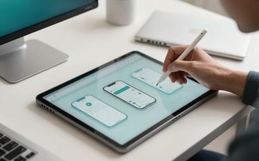 Photography of a modern, bright collaborative studio in a North American city. A hand uses a digital stylus on a high-resolution tablet to refine a sleek mobile app wireframe. Sophisticated natural lighting highlights textures of glass and metal. Colors include Medium Teal and Off-white.