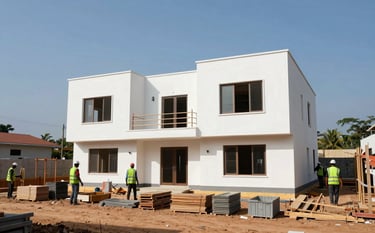 A high-quality daylight photograph of a modern white residential villa under construction in Guinea. Professional construction site with organized materials, workers wearing forest green safety vests, and clear blue sky in the background.