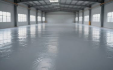 A clean, industrial warehouse setting showcasing a solid color epoxy floor in #6C7A89. The floor is perfectly smooth and uniform, reflecting the bright overhead industrial lighting. The composition is clean and orderly, emphasizing the professional and heavy-duty nature of the coating.