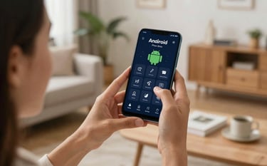 An over-the-shoulder shot of a person in a bright North American / US living room happily engaging with a sophisticated deep navy themed app on their Android phone. The composition is warm and inviting.