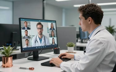 A high-quality virtual care scene in a professional US office setting. A physician is seen from the side, focused on a modern monitor during a telemedicine session. Soft lighting illuminates the room which features steel gray walls and copper office accessories, suggesting reliability and modern efficiency.