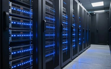 A close-up photography of a modern server room in a North American tech hub. The glowing blue lights of server racks reflect off polished charcoal-colored floors. The image captures the essence of data security and high-tech infrastructure with a sophisticated, professional vibe.