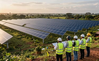 A breathtaking wide-angle photograph of a massive solar installation integrated into a lush South Asian / Indian landscape. In the foreground, a team of professionals in corporate safety attire stands reviewing plans, representing sustainability and ESG leadership. The lighting is the golden hour of sunset.