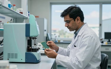 A clean, bright laboratory in India where a professional in modern white technical attire examines a silicon wafer. The room is filled with precision instrumentation and has a high-tech atmosphere with accents of pale aqua mist and muted steel blue. Natural light pours in from a large window showing a clear sky.