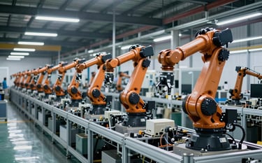 A massive, ultra-modern manufacturing floor in India featuring an array of advanced robotic arms moving in perfect synchronization along a clean assembly line. The environment is polished and industrial, with a color palette of muted steel blue and deep charcoal navy, lit by professional overhead cool-toned lighting.