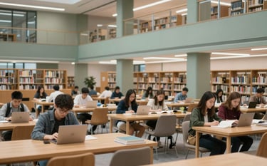 A high-quality interior shot of a renovated public library. A diverse group of students is focused on books and laptops. The architecture is modern with wood accents and sage green #A3B18A details. Lighting is bright and scholarly. Professional architectural photography style.