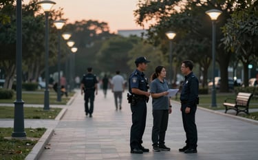 Professional photograph of a clean, safe public park at sunset with modern lamp posts emitting warm light. In the background, a uniformed officer talks respectfully to a citizen. Color palette highlights deep charcoals #262626 and soft off-whites #F2F4F3. Style is realistic, high-contrast, conveying security and order.