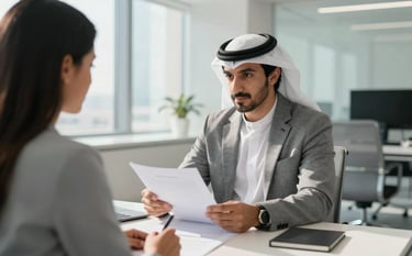 A professional consultant in a modern, sun-lit office in a Middle Eastern / Gulf city, assisting a client with paperwork. The atmosphere is professional and supportive, with a clean and intuitive interior design featuring soft white and light blue accents.