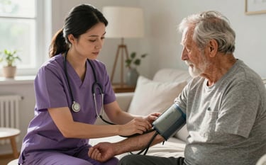 A professional nurse in muted purple scrubs performing a health check for a senior in a comfortable North American home. The nurse is checking the senior's blood pressure with a gentle touch. The composition is calm and professional, with soft morning light streaming through a window.