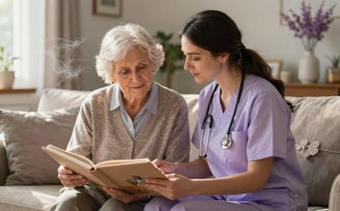 A compassionate caregiver in a soft lilac shirt sitting next to an elderly adult in a cozy, sunlit North American living room. They are looking at a scrapbook together, exuding a sense of peace and familiarity. The lighting is warm and natural, highlighting soft lavender mist accents in the home decor.