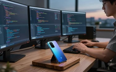 A high-tech North American workspace at dusk. A developer is coding on multiple screens which cast a gentle dark blue glow. A high-end Android smartphone rests on a wooden dock nearby. The setting is efficient and modern, emphasizing reliable technology and focus.
