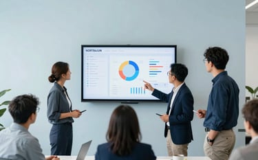 A collaborative North American office space where a team discusses app metrics on a wall-mounted display. The environment is minimalist and bright with a palette of light blue and navy. Sharp, clean photography capturing a professional strategy session. Bright daylight, crisp details.