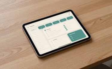 A top-down photograph of a minimalist wooden desk featuring a high-end tablet. The tablet screen shows a clean, modern mobile app wireframe with soft off-white and steel teal interface elements. The lighting is bright and natural, creating a professional and innovative atmosphere.