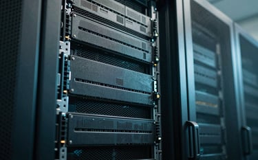 A professional setting showing a modern server room with soft steel teal lighting. The focus is on the sleek textures of the hardware, representing security and reliable high-performance maintenance services.