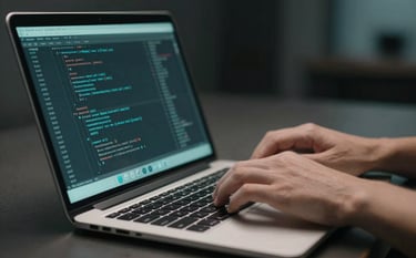 A close-up shot of a developer's hands working on a modern laptop in a sleek, dimly lit studio. The screen reflects lines of clean code in muted aqua tones. The composition is focused and cinematic, emphasizing reliability and technical expertise.