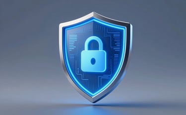 A futuristic digital shield icon glowing with blue light, representing cybersecurity and data protection. Professional and sleek design with metallic textures, incorporating a color palette of #0D1C3B and #3A5A7F. Soft studio lighting on a clean tech background.