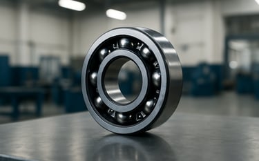 A close-up photograph of a high-precision 6201 chrome steel ball bearing resting on a clean, industrial workbench in a modern South Asian factory. The lighting is bright and professional, highlighting the metallic sheen and precise engineering. The background shows a soft-focus view of a tidy Indian industrial facility with off-white walls and dark blue accents.