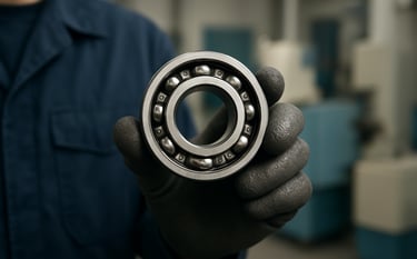 Photography of a Model 6202 ball bearing held by a technician in a South Asian industrial setting. The composition focuses on the precision of the bearing seals. The setting is a professional, clean B2B environment with light blue and off-white equipment visible in the background.