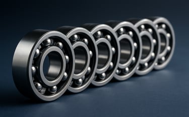 Professional photography of several 6203 ball bearings arranged in a precise row on a dark blue surface. The lighting is crisp, emphasizing the high-grade steel. The style is modern B2B photography suitable for an industrial catalog in India.