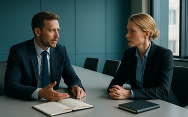 A sophisticated boardroom setting in a Northern European university. Two professionals in tailored attire are engaged in a strategic discussion over a clean, light grey table. The composition is professional and trustworthy, with high-quality lighting and a teal and light grey color scheme.