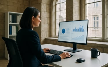 A bright, modern academic office within a historic Northern European stone building. A professional in smart business attire is reviewing data on a slim monitor. The scene is filled with soft, natural daylight, reflecting an atmosphere of academic rigor and innovative thinking. Palette includes off white and dark blue accents.