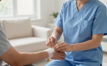 A high-quality clinical photograph of a medical professional in a Calm Steel Blue scrub top gently applying a sterile bandage to a patient's forearm. The scene is set in a sunlit, Bright Off-White living room, emphasizing comfort and home-based care. The lighting is soft and natural, conveying empathy and clinical excellence.