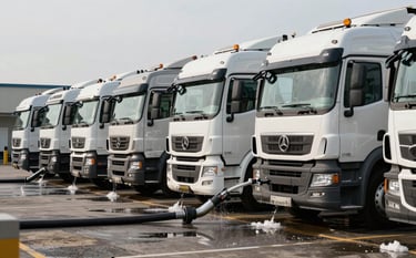 A fleet of commercial transport trucks being washed at a professional North American logistics terminal using automated and manual high-efficiency tools.