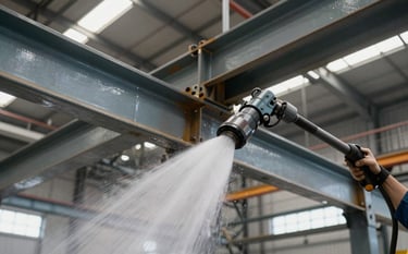 A close-up shot of structural steel beams being deep-cleaned with a high-pressure water jet inside a massive North American industrial warehouse facility.