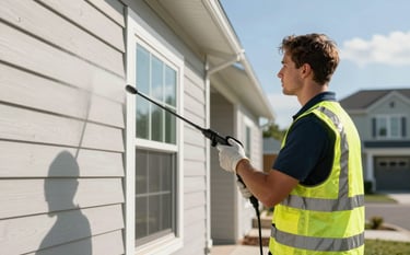 A professional technician in high-visibility gear using a soft-wash sprayer on the siding of a modern suburban North American home during a bright, clear day.