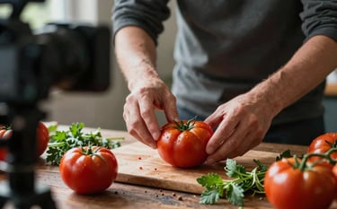 Behind-the-scenes shot of a content creator arranging fresh heirloom tomatoes and herbs on a rustic surface, soft lighting, professional camera equipment visible, capturing the authentic artisanal process.