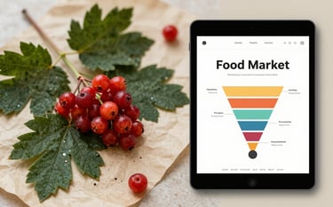A professional mood board for a food market, featuring textures of dark green leaves, crimson berries, and parchment paper, with a digital tablet showing a marketing funnel, warm and authentic atmosphere.