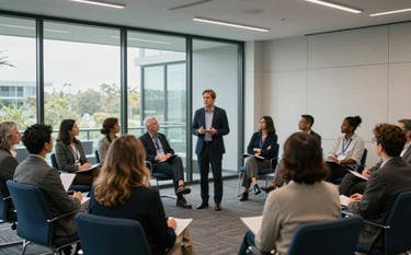 A professional photograph of a community engagement forum held in a modern, glass-walled conference room in North American / US. A leader is addressing a diverse group of stakeholders, demonstrating authority and community focus. Soft architectural lighting with dark blue and gray blue furniture.