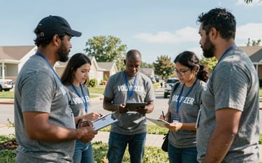 A documentary-style photograph of community volunteers collaborating in a North American / US suburban neighborhood. They are organized and focused, wearing professional volunteer identification. Bright, natural daylight creates a sense of hope and resilience. Colors feature gray blue and light blue sky tones.