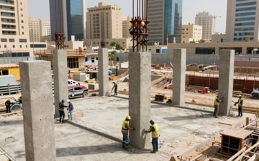 A high-angle professional photograph of a modern construction site in a Saudi Arabian city. Construction workers in safety equipment are coordinating the pouring of concrete for foundation columns. The lighting is bright and clear, highlighting textures of ivory and soft grey-beige materials under a bright sky.