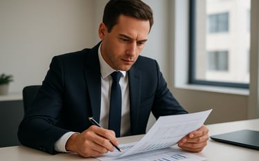 A focused consultant in professional attire reviewing a structured financial document on a clean, modern desk in a bright North American office. The lighting is natural and sophisticated, with a palette of off-white and dark blue.