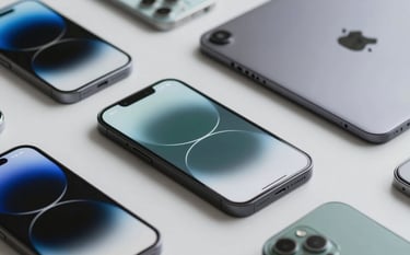 A collection of modern mobile smartphones and tablets neatly arranged on a light grey surface, reflecting a sense of precision and variety. The screen of the primary device shows a performance graph. Sophisticated style with #367C89 and #1A202C tones.